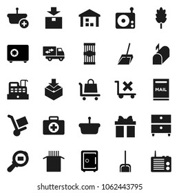 Flat vector icon set - scoop vector, cereal, pasta, archive, safe, first aid kit, no trolley, warehouse, package, cargo search, radio, mailbox, relocation truck, gift, cashbox, basket