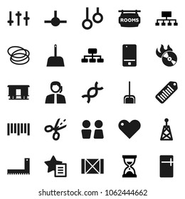 Flat vector icon set - scoop vector, water closet, corner ruler, sand clock, hierarchy, hoop, gymnast rings, support, wood box, barcode, Railway carriage, music hit, antenna, settings, mobile phone