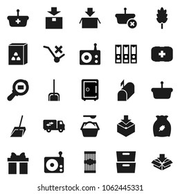 Flat vector icon set - scoop vector, washing powder, cereal, pasta, archive, binder, safe, first aid kit, no trolley, package, cargo search, radio, relocation truck, mailbox, gift, basket