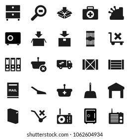 Flat vector icon set - scoop vector, washing powder, pasta, archive, binder, safe, first aid kit, wood box, no trolley, warehouse, package, cargo search, mailbox, relocation truck, cashbox, basket