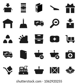Flat vector icon set - scoop vector, washing powder, cereal, pasta, archive, binder, first aid kit, wood box, cargo, warehouse, package, search, relocation truck, gift, cashbox, basket