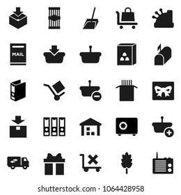 Flat vector icon set - scoop vector, cereal, pasta, binder, safe, cargo, no trolley, warehouse, package, mailbox, relocation truck, gift, cashbox, basket, radio