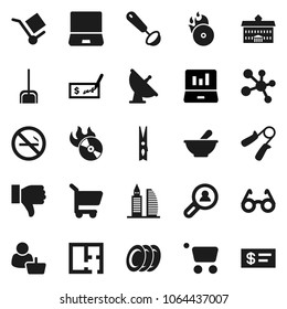 Flat vector icon set - scoop vector, clothespin, ladle, plates, university, glasses, laptop graph, check, hand trainer, molecule, no smoking, cargo, satellite antenna, music hit, notebook pc, mortar