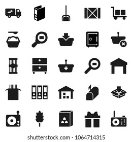 Flat vector icon set - scoop vector, washing powder, cereal, pasta, archive, binder, safe, wood box, cargo, warehouse, search, radio, relocation truck, mailbox, gift, basket, package