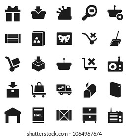 Flat vector icon set - scoop vector, washing powder, cereal, archive, wood box, no trolley, warehouse, package, cargo search, radio, mailbox, relocation truck, gift, cashbox, basket