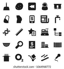 Flat vector icon set - scoop vector, colander, pasta, potato, ruler, buttocks, stairways run, oxygen, wood box, cargo, Railway carriage, newspaper, backward button, dna, magnifier, bandage, support