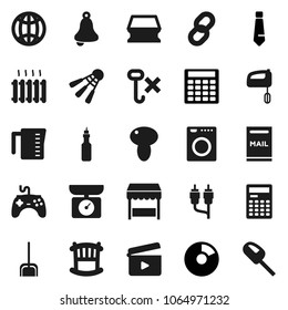 Flat vector icon set - scoop vector, sponge, measuring cup, mushroom, oil, bell, calculator, pie graph, tie, shuttlecock, no hook, cinema clap, gamepad, rca, chain, globe, mailbox, crib, heating