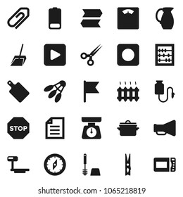 Flat vector icon set - scoop vector, clothespin, toilet brush, pan, scales, cutting board, jug, compass, abacus, document, flag, shuttlecock, big, loudspeaker, battery, play button, rec, scissors