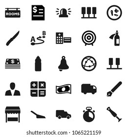Flat vector icon set - scoop vector, cook timer, knife, pen, bell, cash, annual report, target, water bottle, car, route, internet, microbs, hospital building, potion, server, siren, rooms signboard