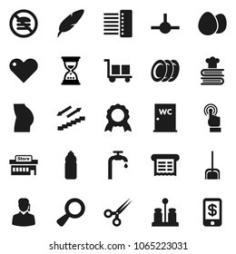 Flat vector icon set - scoop vector, water closet, cookbook, spices, plates, egg, pen, medal, sand clock, buttocks, bottle, stairways run, no fastfood, cargo, touchscreen, heart, magnifier, scissors