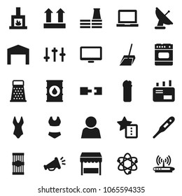 Flat vector icon set - scoop vector, cleaning agent, grater, pasta, atom, notebook pc, swimsuite, top sign, oil barrel, settings, monitor, thermometer, favorites, connection, user, barn, fireplace