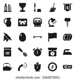 Flat vector icon set - scoop vector, iron, steaming, toilet brush, kettle, skimmer, rolling pin, plates, jug, egg, table lamp, alarm clock, compass, flag, dollar, skateboard, glass, tooth implant