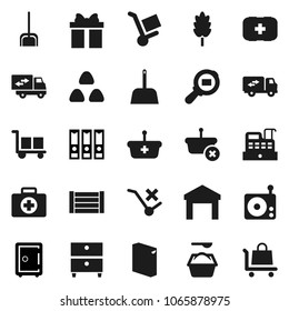 Flat vector icon set - scoop vector, washing powder, cereal, archive, binder, safe, first aid kit, wood box, cargo, no trolley, warehouse, search, radio, relocation truck, gift, cashbox, basket