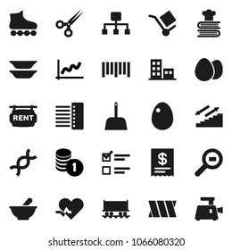 Flat vector icon set - scoop vector, cookbook, plates, egg, exam, graph, coin stack, roller Skates, stairways run, Railway carriage, cargo, search, barcode, heart pulse, dna, scissors, mortar, hub