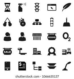 Flat vector icon set - scoop vector, sprayer, plates, pen, medal, annual report, sand clock, hierarchy, boxing glove, oxygen, traffic light, support, big scales, music hit, mobile phone, browser