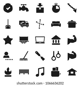 Flat vector icon set - scoop vector, rake, water tap, pan, spatula, toaster, music, constellation, university, crisis, stopwatch, muscule hand, gymnast rings, truck trailer, package, protected, home
