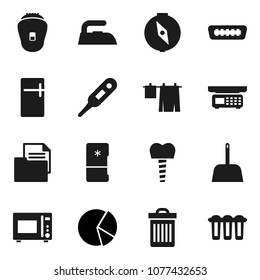 Flat vector icon set - scoop vector, trash bin, iron, drying clothes, microwave oven, compass, pie graph, document, hdmi, thermometer, tooth implant, store scales, fridge, epilator, water filter
