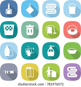 flat vector icon set - scoop vector, rag, towel, bucket, trash bin, vacuum cleaner, soap, shampoo, wiping, liquid, foam basin, drying clothes, paper, garbage