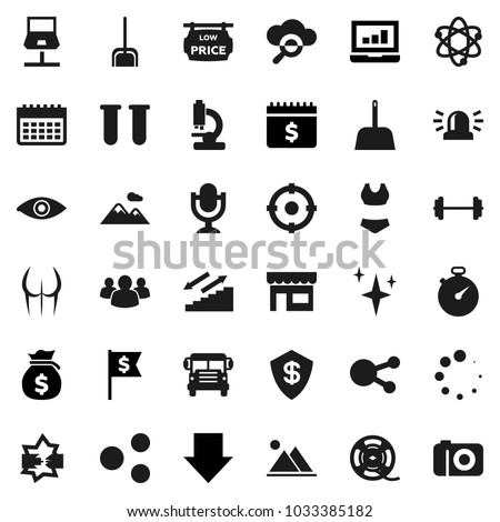 Flat vector icon set - scoop vector, shining, atom, school bus, laptop graph, money bag, arrow down, dollar flag, calendar, barbell, stopwatch, buttocks, swimsuite, stairways run, film spool, group