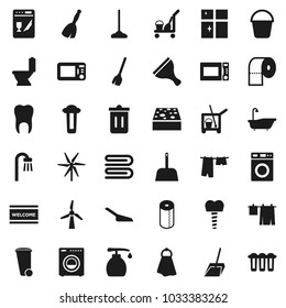 Flat vector icon set - scraper vector, cleaner trolley, broom, mop, scoop, bucket, sponge, towel, trash bin, welcome mat, bath, toilet, drying clothes, washer, liquid soap, shining window, paper