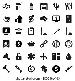 Flat vector icon set - scraper vector, water drop, car fetlock, window cleaning, toilet brush, washer, foam basin, blender, exchange, dollar growth, medal, monitor, bottle, route, internet, chain
