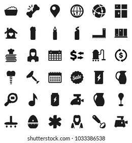 Flat vector icon set - scraper vector, vacuum cleaner, foam basin, cleaning agent, shining window, woman, cook timer, ladle, cookbook, jug, corner ruler, music, exchange, punching bag, enegry drink