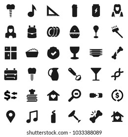 Flat vector icon set - scraper vector, vacuum cleaner, foam basin, cleaning agent, plates, shining window, woman, cook timer, ladle, cookbook, jug, corner ruler, backpack, music, exchange, glass