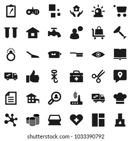 Flat vector icon set - scraper vector, fetlock, scoop, sponge, water tap, house hold, cook hat, book, document, coin stack, molecule, traking, clipboard, no hook, video camera, speaking man, vial