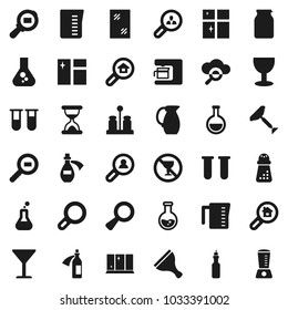 Flat vector icon set - scraper vector, window cleaning, shining, measuring cup, hand mill, spices, jug, jar, oil, flask, no alcohol sign, glass, cargo search, vial, magnifier, sand clock, potion