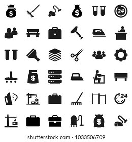 Flat vector icon set - scraper vector, vacuum cleaner, rake, iron, steaming, student, case, money bag, horizontal bar, group, vial, scissors, big data, gear, bench, construction crane, 24 hour
