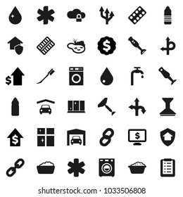 Flat vector icon set - scraper vector, water drop, car fetlock, washer, foam basin, shining window, blender, dollar growth, medal, monitor, bottle, route, ambulance star, pills blister, cloud lock