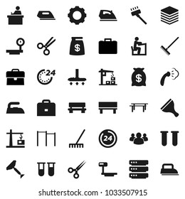 Flat vector icon set - scraper vector, vacuum cleaner, rake, iron, steaming, student, case, horizontal bar, big scales, group, vial, scissors, data, gear, bench, construction crane, money bag