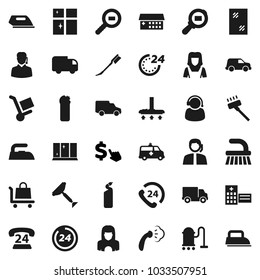 Flat vector icon set - scraper vector, vacuum cleaner, fetlock, car, window cleaning, iron, steaming, agent, shining, woman, dollar cursor, phone 24, support, delivery, cargo search, amkbulance