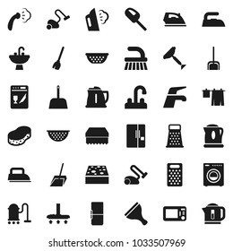 Flat vector icon set - scraper vector, broom, water tap, vacuum cleaner, fetlock, scoop, sponge, iron, steaming, drying clothes, sink, kettle, colander, grater, washer, fridge, dishwasher