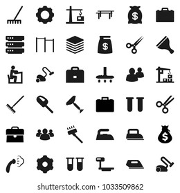 Flat vector icon set - scraper vector, vacuum cleaner, rake, iron, steaming, student, case, money bag, horizontal bar, big scales, group, vial, scissors, data, gear, construction crane