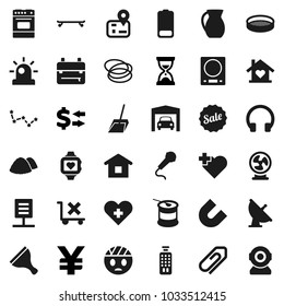 Flat vector icon set - scraper vector, scoop, garbage pile, oven, jug, sieve, backpack, magnet, constellation, exchange, sand clock, yen sign, skateboard, sports nutrition, heart monitor, cross, fan