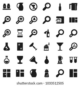 Flat vector icon set - scraper vector, window cleaning, shining, oil, measuring cup, hand mill, spices, jug, magnifier, flask, no alcohol sign, glass, cargo search, vial, sand clock, potion, estate