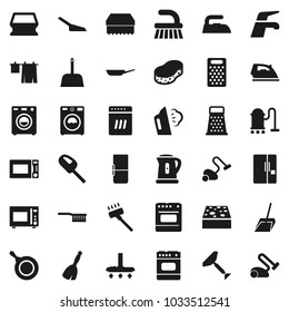 Flat vector icon set - scraper vector, broom, water tap, vacuum cleaner, fetlock, scoop, sponge, iron, steaming, drying clothes, washer, pan, kettle, grater, microwave oven, fridge, dishwasher