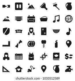 Flat vector icon set - scraper vector, vacuum cleaner, window cleaning, foam basin, agent, plates, woman, colander, cookbook, jug, corner ruler, backpack, music, exchange, calendar, protected, dna