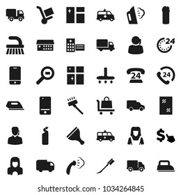 Flat vector icon set - scraper vector, vacuum cleaner, fetlock, car, window cleaning, steaming, agent, shining, woman, dollar cursor, phone 24, support, delivery, cargo search, mobile, amkbulance