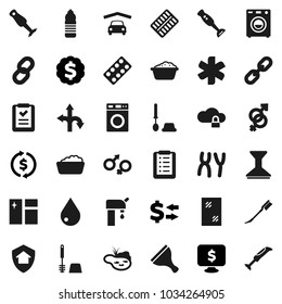 Flat vector icon set - scraper vector, water drop, car fetlock, window cleaning, toilet brush, washer, foam basin, blender, exchange, dollar medal, monitor, bottle, route, ambulance star, cloud lock