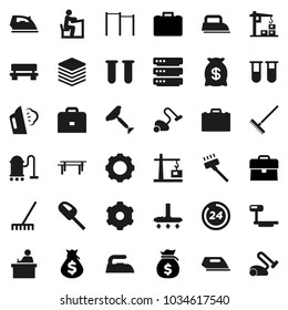 Flat vector icon set - scraper vector, vacuum cleaner, rake, iron, steaming, student, case, money bag, horizontal bar, big scales, vial, data, gear, bench, construction crane, 24 hour