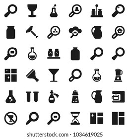 Flat vector icon set - scraper vector, window cleaning, shining, hand mill, spices, jug, jar, magnifier, flask, no alcohol sign, glass, cargo search, vial, sand clock, potion, cloud, estate, client
