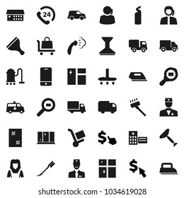 Flat vector icon set - scraper vector, vacuum cleaner, car fetlock, window cleaning, steaming, agent, shining, woman, dollar cursor, phone 24, support, delivery, cargo search, mobile, doctor, iron