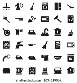 Flat vector icon set - scraper vector, broom, water tap, vacuum cleaner, fetlock, scoop, sponge, iron, steaming, drying clothes, washer, pan, kettle, colander, grater, microwave oven, fridge