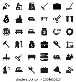 Flat vector icon set - scraper vector, vacuum cleaner, rake, iron, steaming, student, case, money bag, horizontal bar, group, vial, scissors, big data, gear, bench, construction crane, 24 hour