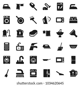 Flat vector icon set - scraper vector, broom, water tap, vacuum cleaner, fetlock, scoop, sponge, iron, steaming, drying clothes, washer, sink, pan, colander, grater, microwave oven, fridge, kettle