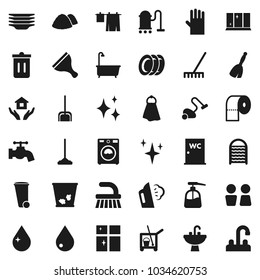 Flat vector icon set - scraper vector, cleaner trolley, broom, vacuum, fetlock, mop, scoop, rake, towel, trash bin, water drop, tap, shining, steaming, bath, drying clothes, washer, liquid soap