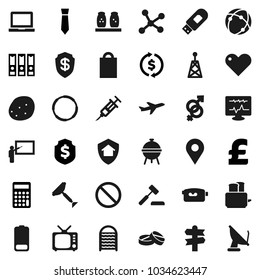 Flat vector icon set - scraper vector, washboard, toaster, spices, bbq, potato, blackboard, notebook pc, exchange, calculator, binder, tie, dollar shield, pound, prohibition sign, hoop, signpost, tv