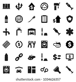 Flat vector icon set - scraper vector, car fetlock, window cleaning, toilet brush, washer, shining, blender, exchange, dollar growth, medal, monitor, water bottle, route, internet, ambulance star